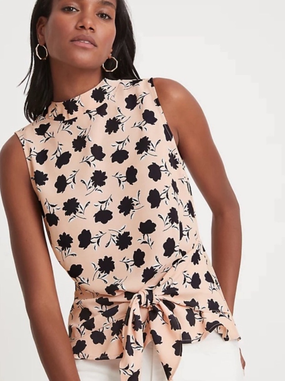 Ann Taylor Blush Floral Tie-Front Sleeveless Blouse